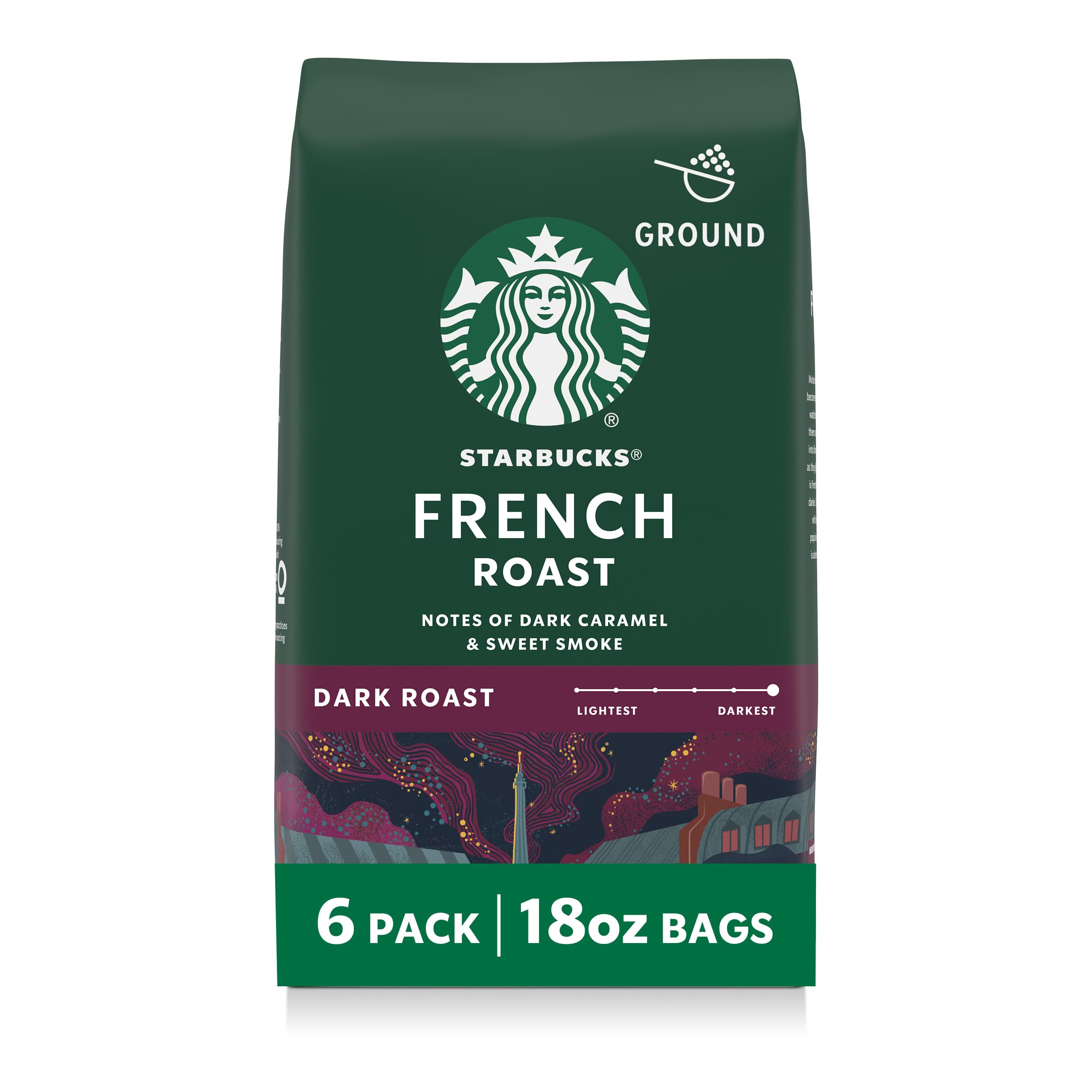 Starbucks Ground Coffee, Dark Roast Hot or Iced Coffee, French Roast, Six 18 oz Bags​