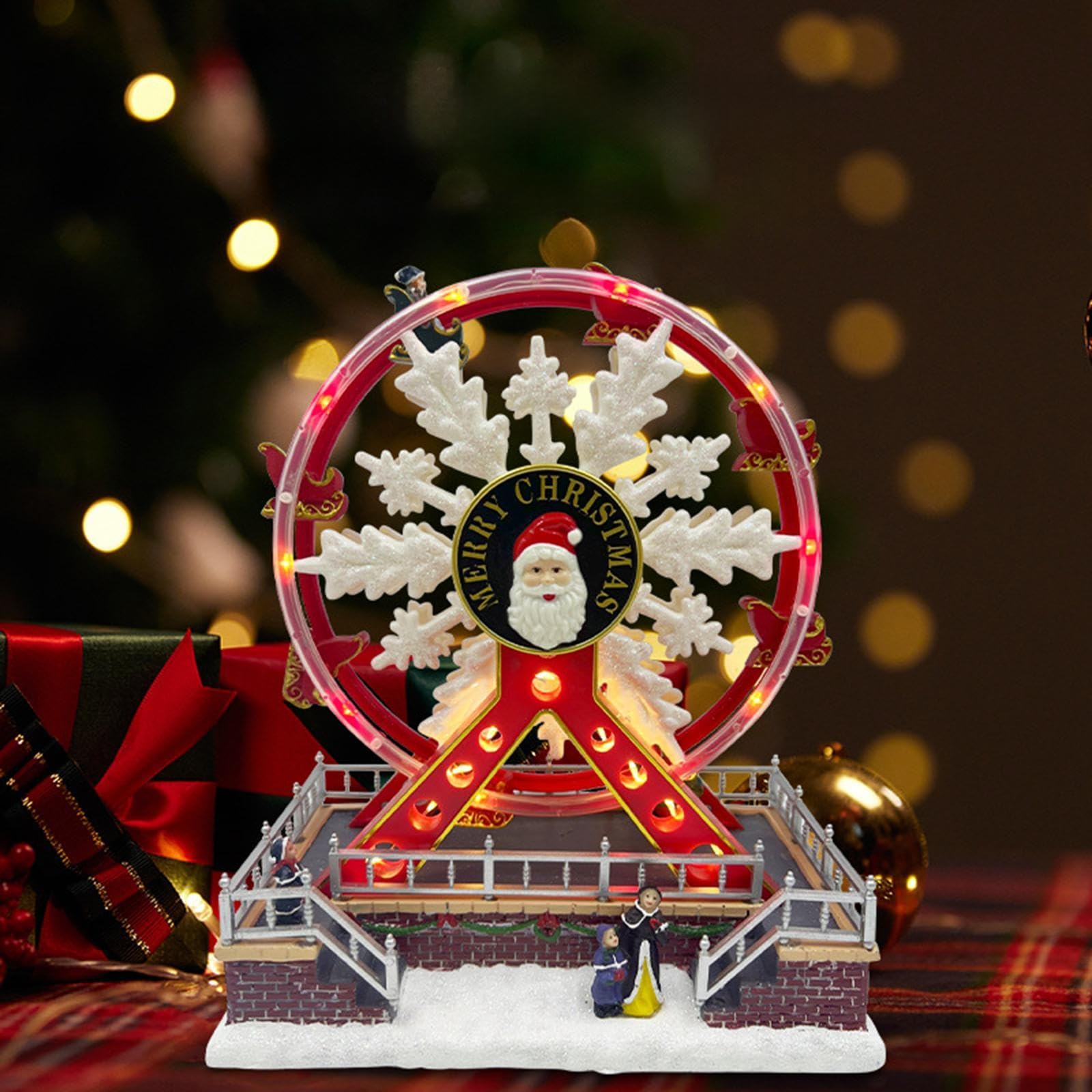 rockible Figurine de Grande Roue Illuminée, électrique Grand Roue Décoration de Noël, Cadeau de Noël avec Musique et Lumières, USB Alimenté, Ornement de Table, Sculpture pour Interieur Exterieur