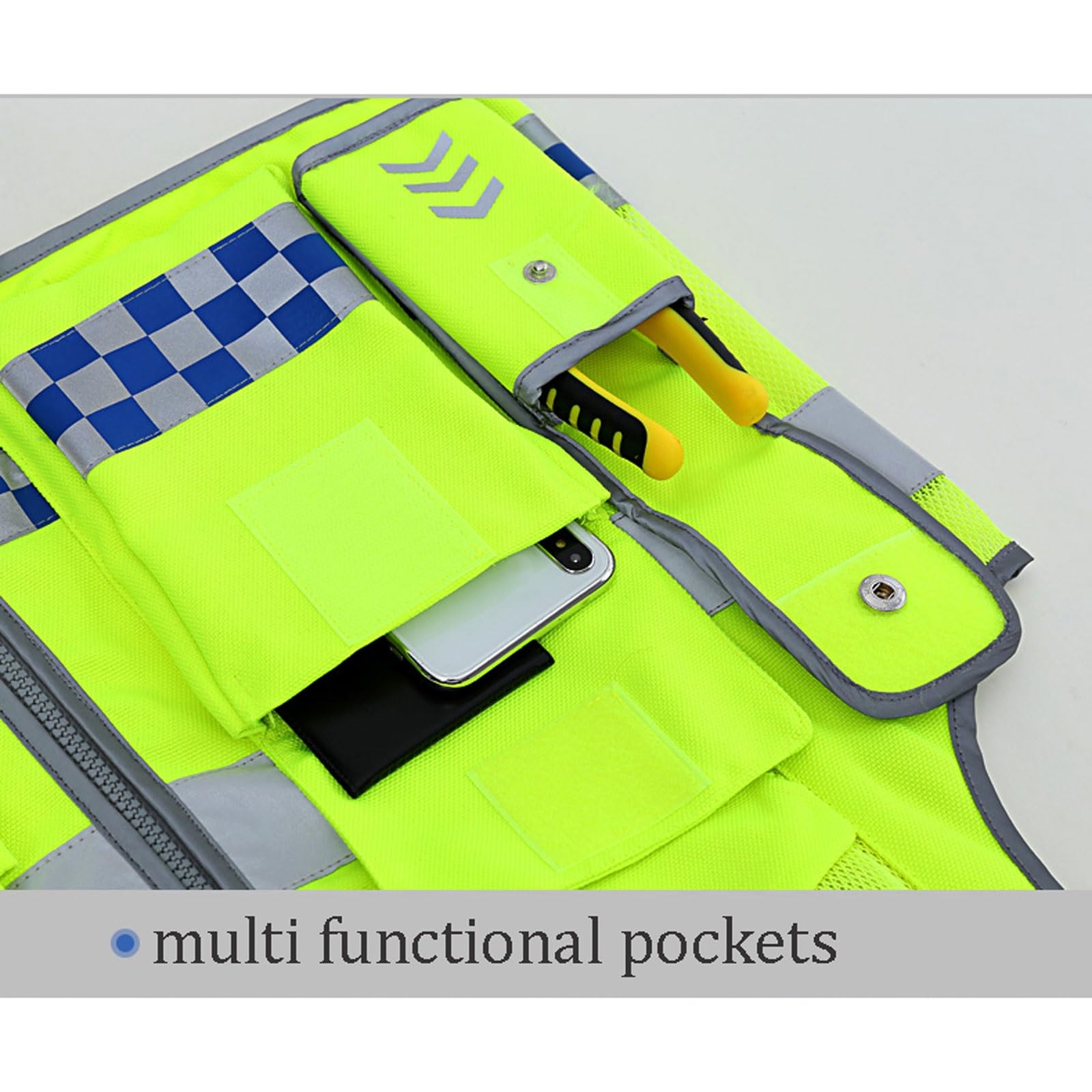 esmen Chaleco de seguridad de alta visibilidad, chaleco de trabajo reflectante de malla Oxford con múltiples bolsillos y cremallera frontal.