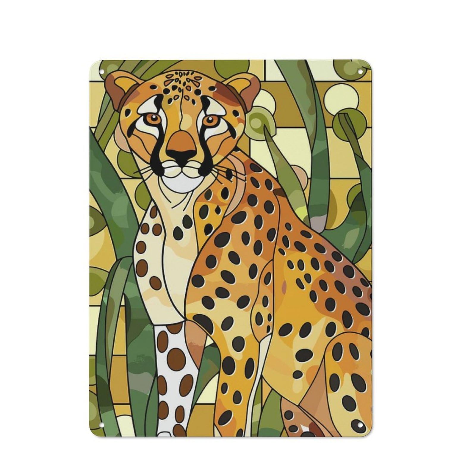 Junmoney Style-13 40X30cm Retro Metal Sign With Stained Glass Cheetah Portrait For Living Room Or Hallway, For Living Room Decor Lovers Refreshing A Room In Autumn