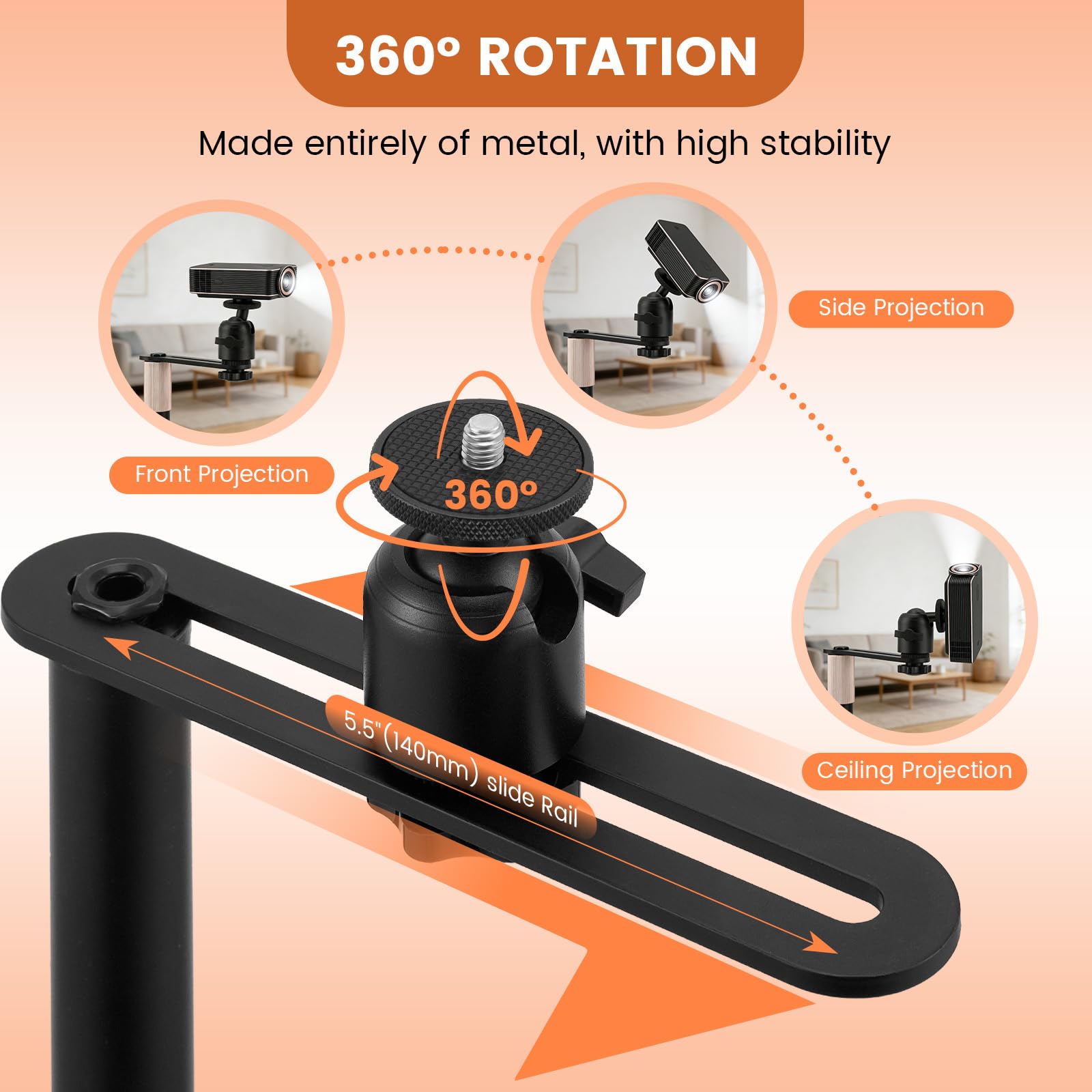 Support de projecteur pivotant 360° hauteur réglable 40-160 cm filetage 1/4" acier au carbone