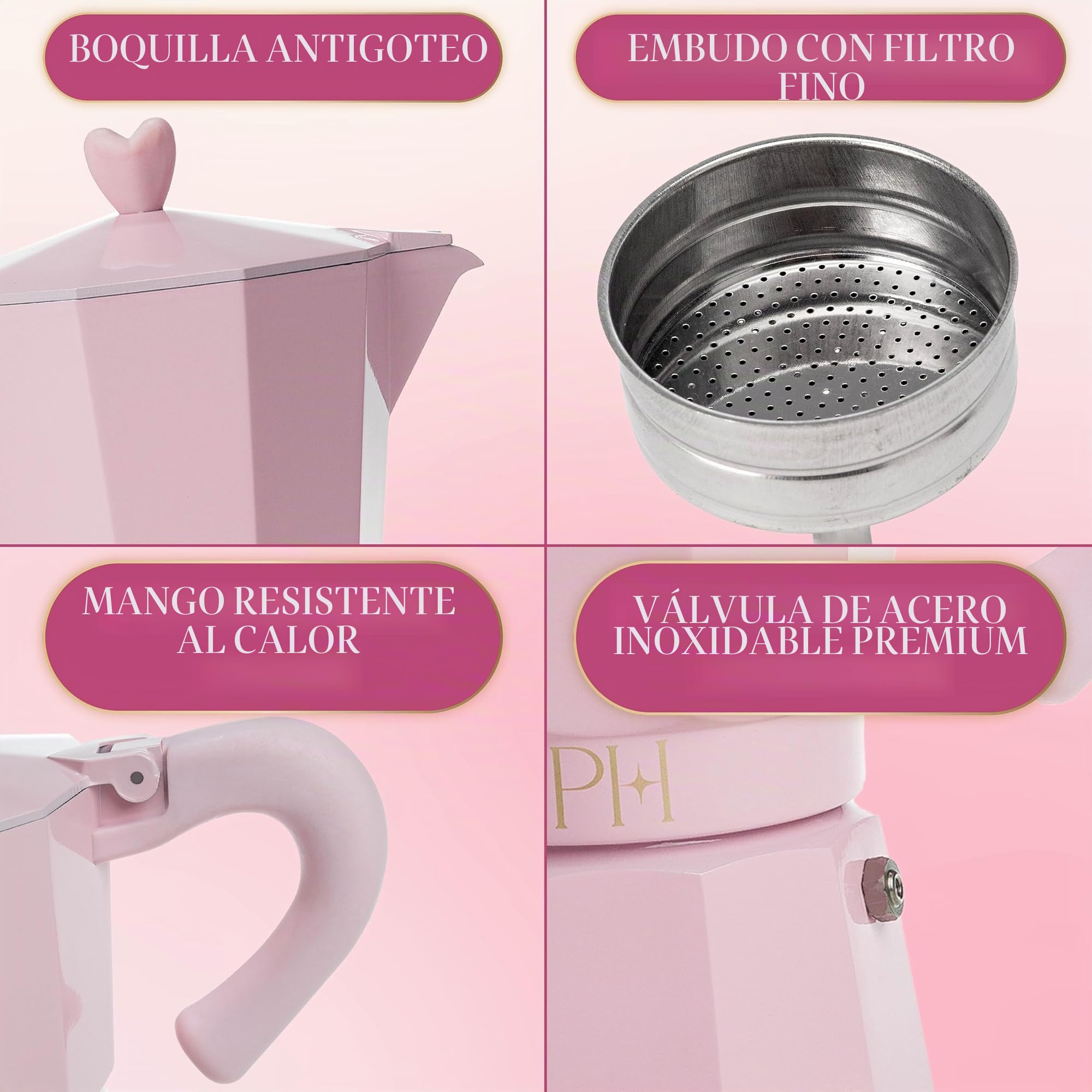 Paris Hilton Cafetera espresso y cafetera estilo italiano y cubano con perilla icónica de corazón, perfecta para expreso aromático rico, hace hasta 6 tazas de espresso, color rosa