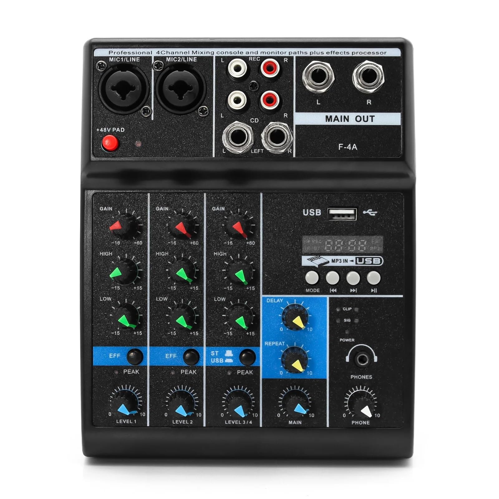 Mezclador de audio, Mezclador HD de 4 vías Au-dio sonido profesional con procesador efectos tarjeta equipo consola mezcla mezclador portátil Usb canales Para karaoke