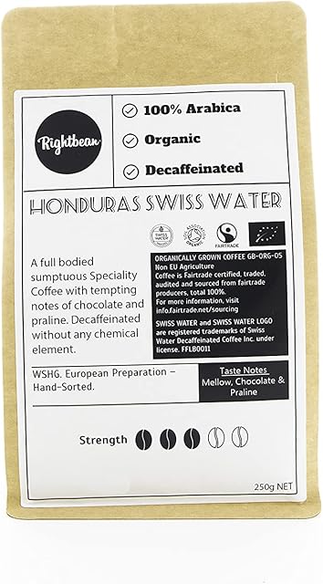 Honduras Swiss Water Decaf 250g - Exceptional All-Day Coffee Beans - Fairtrade - Organic - By Rightbean Coffee