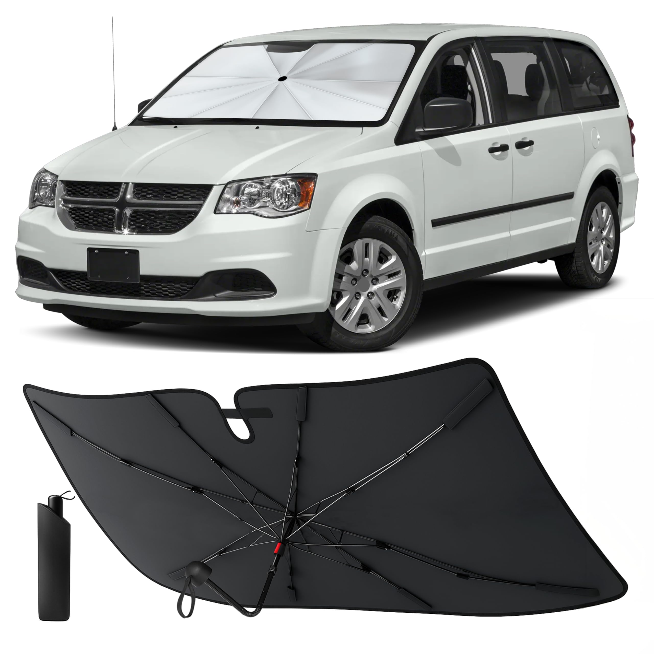 EcoNour Umbrella Windshield Sunshade for Dodge Caravan 2008-2020 | Front Window Sun Shade UV Heat Shield | Foldable Reflective Car Windshield Sun Visor Protector Interior Cooling Accessories Fit for Dodge Grand Caravan 2008-2020