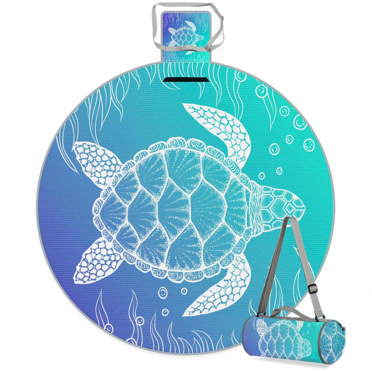 Shimoshe Sea Turtle in Line Art Style Picnic Outdoor Blanket Foldable Waterproof Sandproof Beach Blanket Portable Water-Resistant Round Picnic Mat for Travel Camping Park Lawn