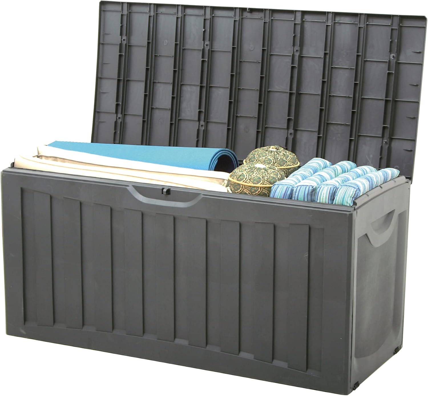 Ram Quality Products Plastic 90 Gallon Outdoor Lockable Backyard Storage Bin Deck Box for Cushions, Toys, Pool Accessories, and Towels, Gray