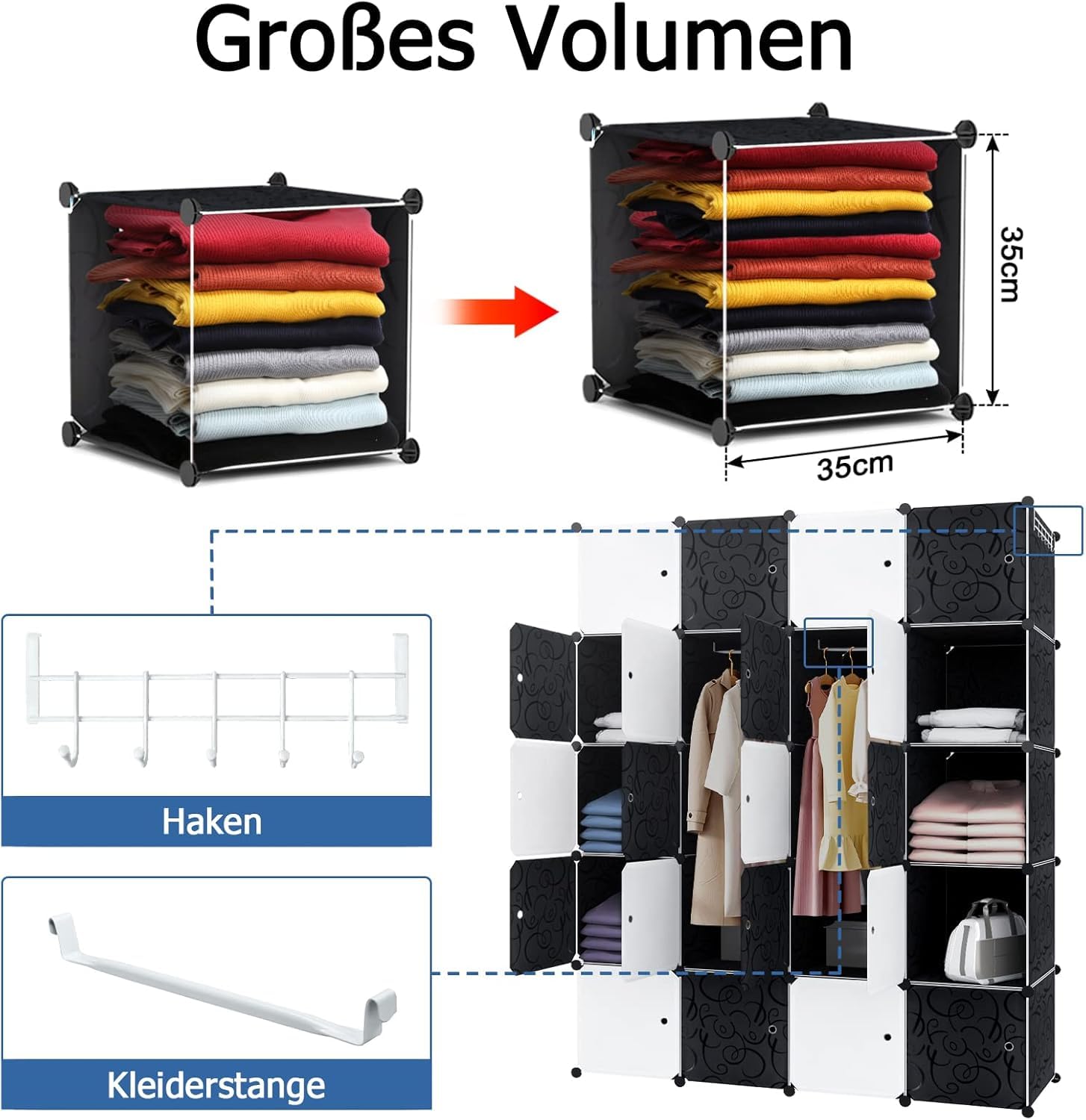 UISEBRT Kleiderschrank Regalsystem 20 Würfel DIY Garderobenschrank Kunststoff Schlafzimmerschrank Steckregal mit Tür und Schuhschrank für Kleidung Bücher Spielzeug - 140x37x178cm Schwarz und Weiß