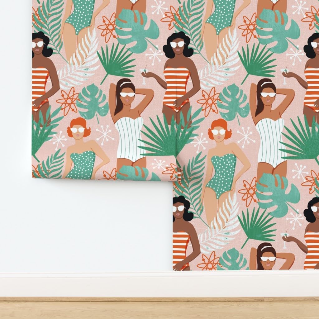 Spoonflower Peel & Stick Wallpaper 6ft x 2ft - Palm Summer Beach Feminine Women Girl Power Custom Removable Wallpaper