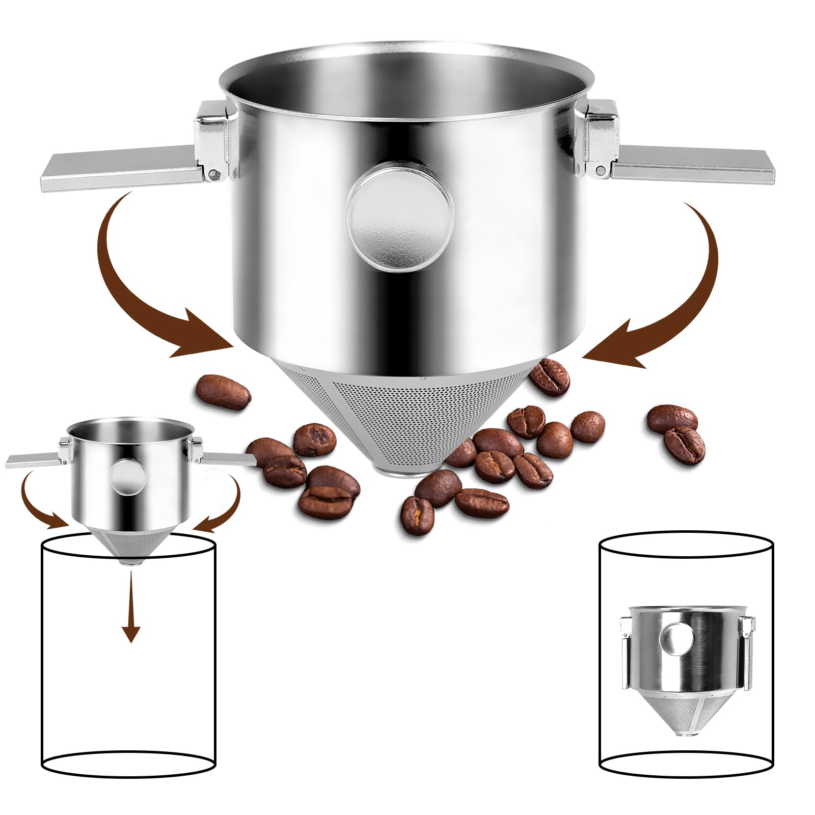 Foyucool Stainless Steel Reusable Pour Over Coffee Filter, Portable Collapsible Coffee Dripper, Paperless Drip Cup, Double Mesh Filter, Easy to Clean, for Travel Camping Office