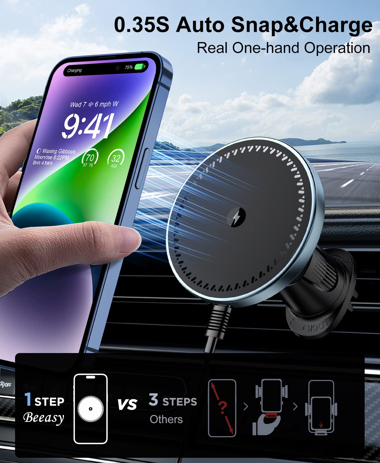 Beeasy Magnetico Caricatore Wireless Auto 15W, Ricarica Wireless Auto, Supporto Telefono Auto Compatibile con Magsafe per iPhone 17/16/15/14/13/12 Series