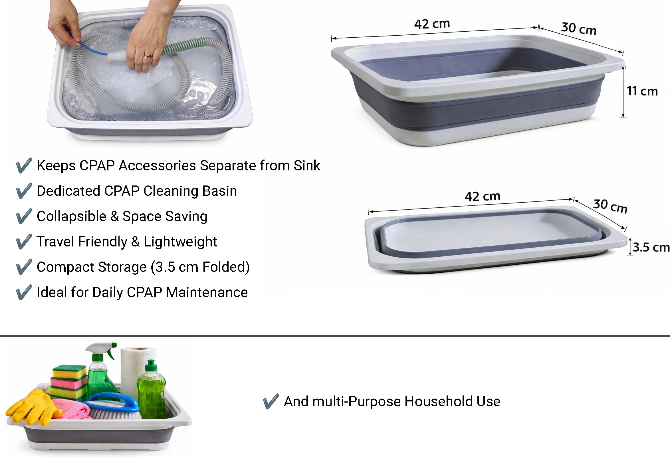 AVEEN CPAP & BiPAP Reinigungsset, CPAP Schlauchreinigungsbürste mit faltbarer Waschschüssel und Schlauch-Trocknungshaken, Zubehör für CPAP Schläuche und Masken