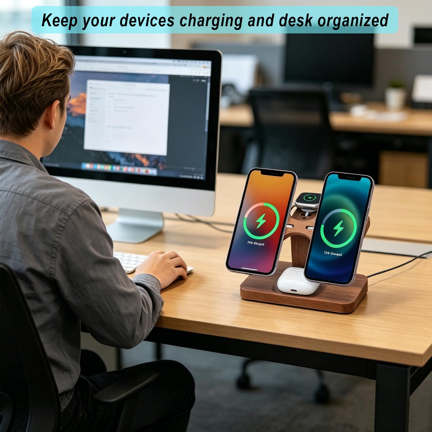 Station de charge double en bois compatible avec le chargeur