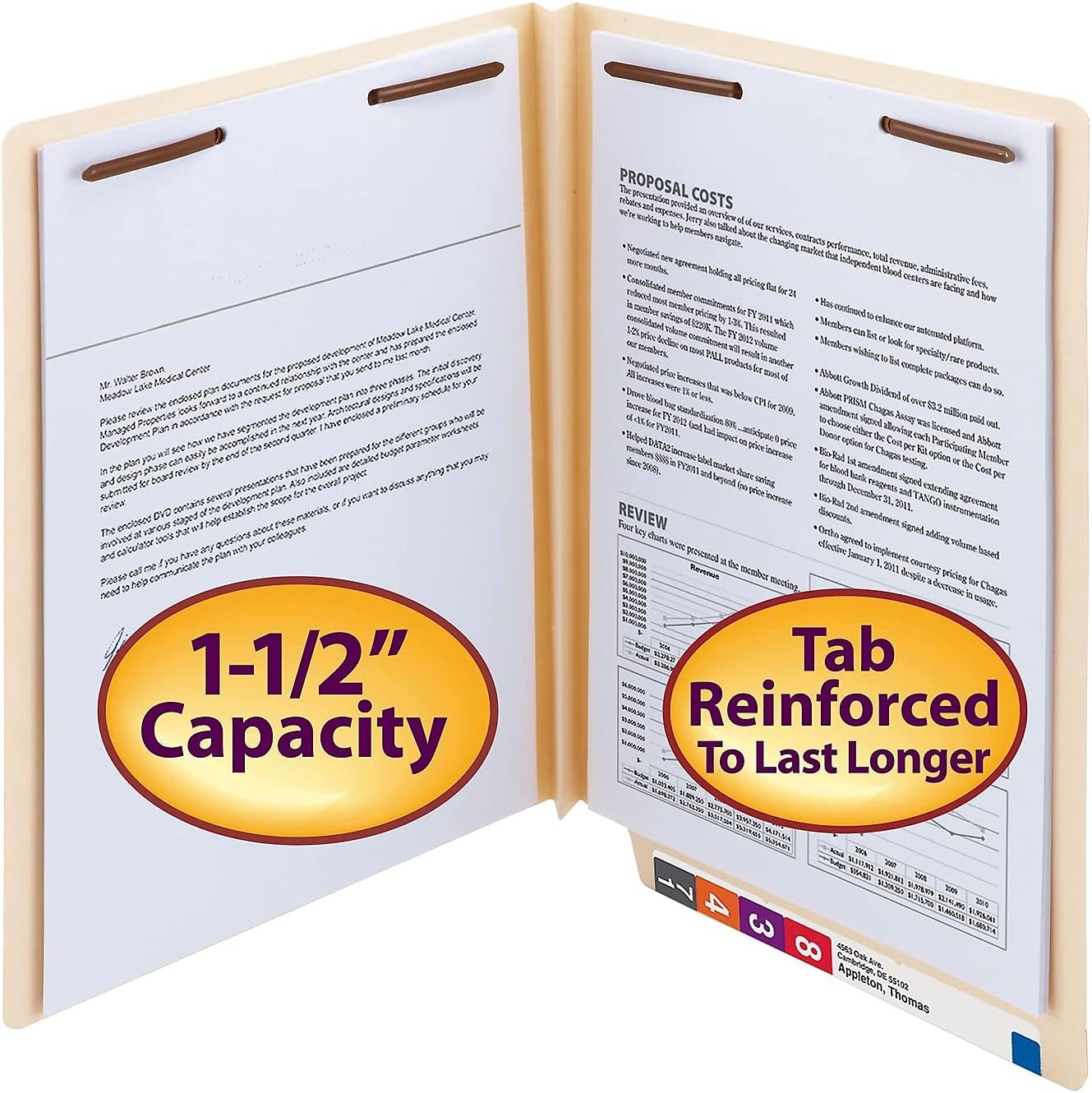 Smead Extra Capacity End Tab Fastener File Folder, Shelf-Master® Reinforced Straight-Cut Tab, 2 Fasteners, 1-1/2" Expansion, Letter Size, Manila, 50 per Box (34276)