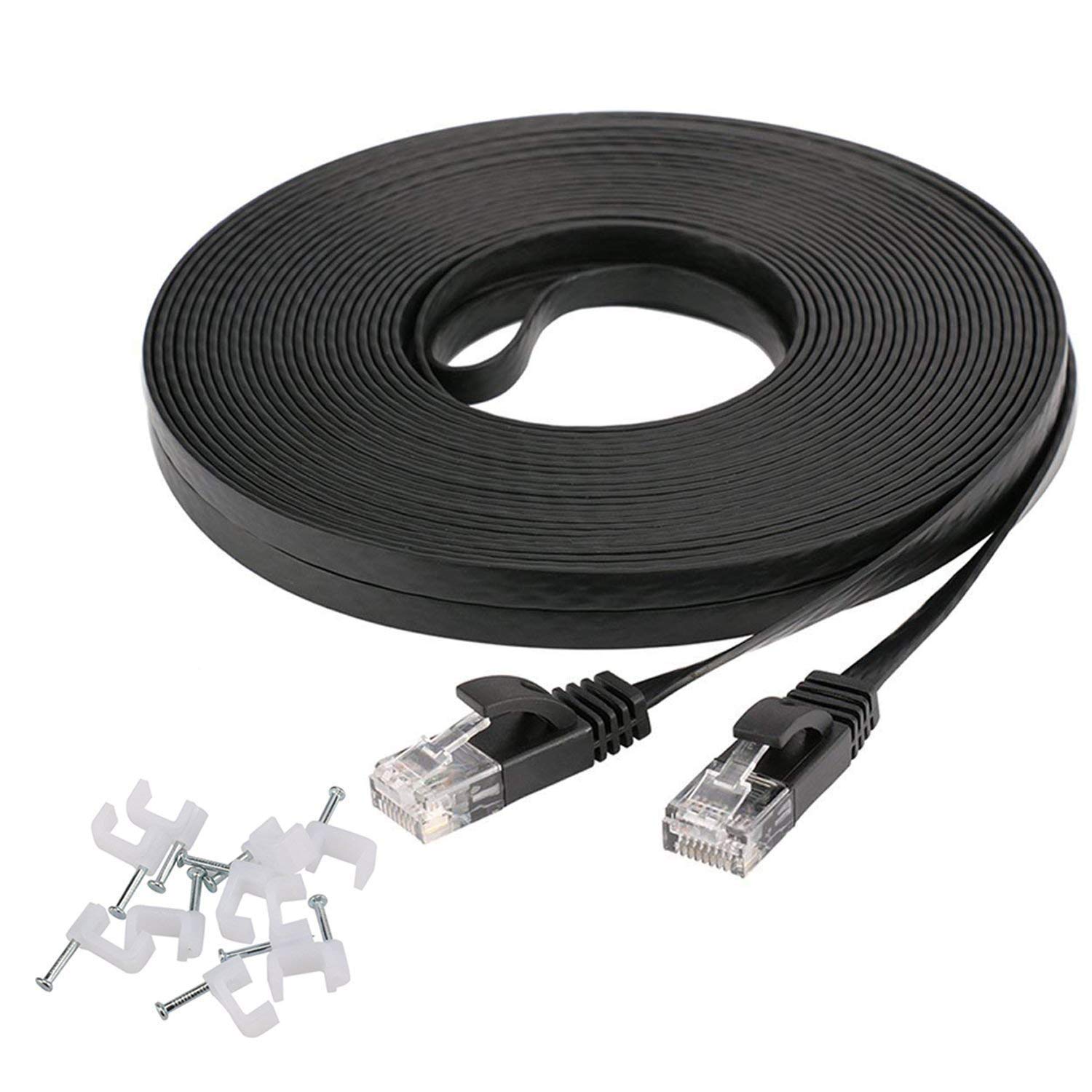 Cat 6 Flat Cable 100 ft Black with Cable Clips Slim Long