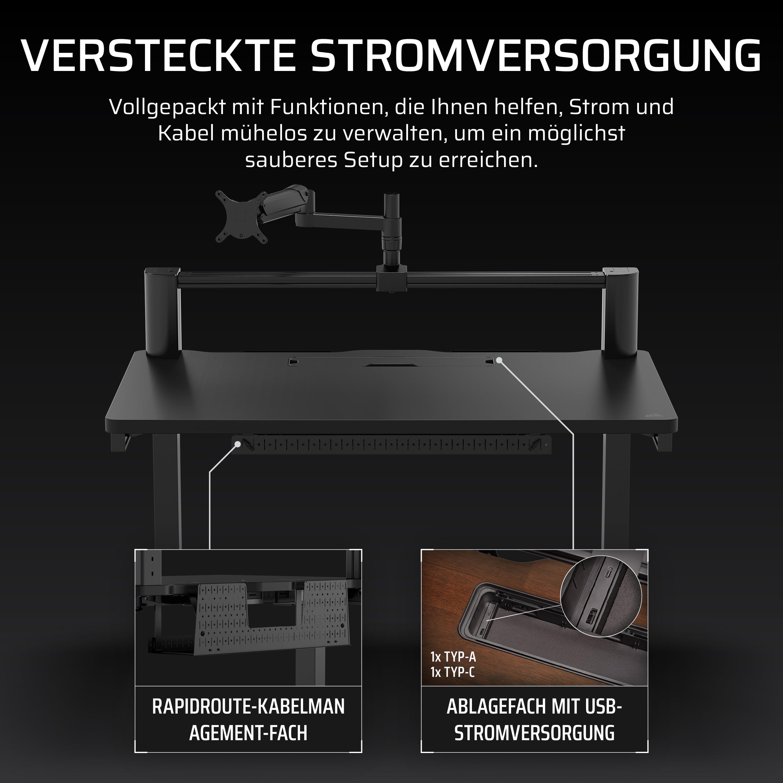 Corsair Platform:4 – 120 cm x 76 cm, Fester Höhe, Stehender Computer Home Office Gaming-Schreibtisch, Kabelmanagement, USB-Anschluss, Monitorarm Inbegriffen – Schwarz