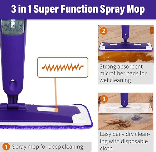 Miniatura 4 de Trapeadores para limpieza de suelos, mopa rociadora húmeda y seca con botella de spray recargable y 3 almohadillas de microfibra lavables, uso