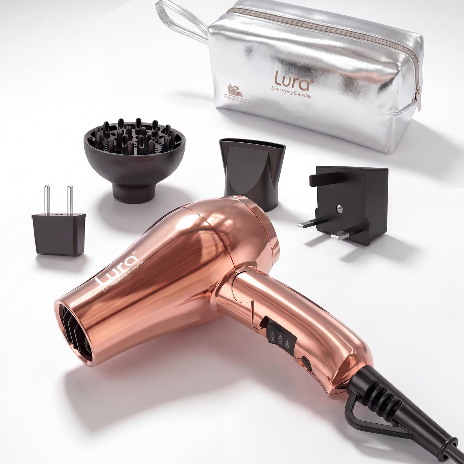 LURA Auto Dual Voltage Mini Travel Hair Dryer with Diffuser for Women Rose Gold