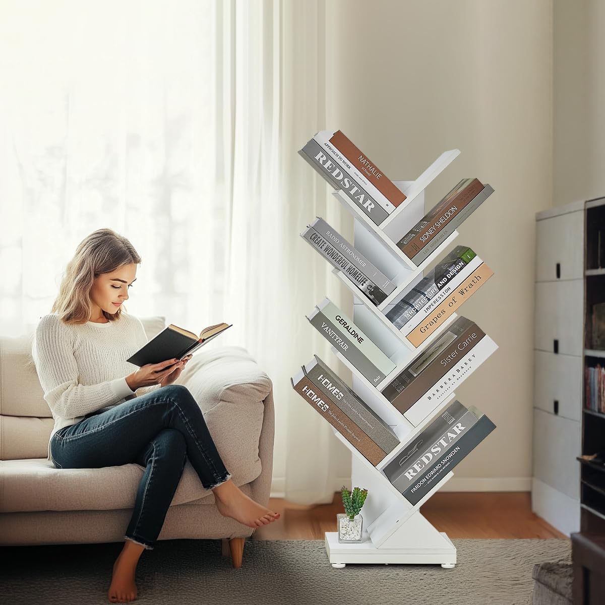 Estantería de árbol, estantería retro de pie para CDs/revistas/libros, estantería pequeña para dormitorio, sala de estar, oficina, balcón, estantes de almacenamiento marrones (blanco, 9 niveles 7