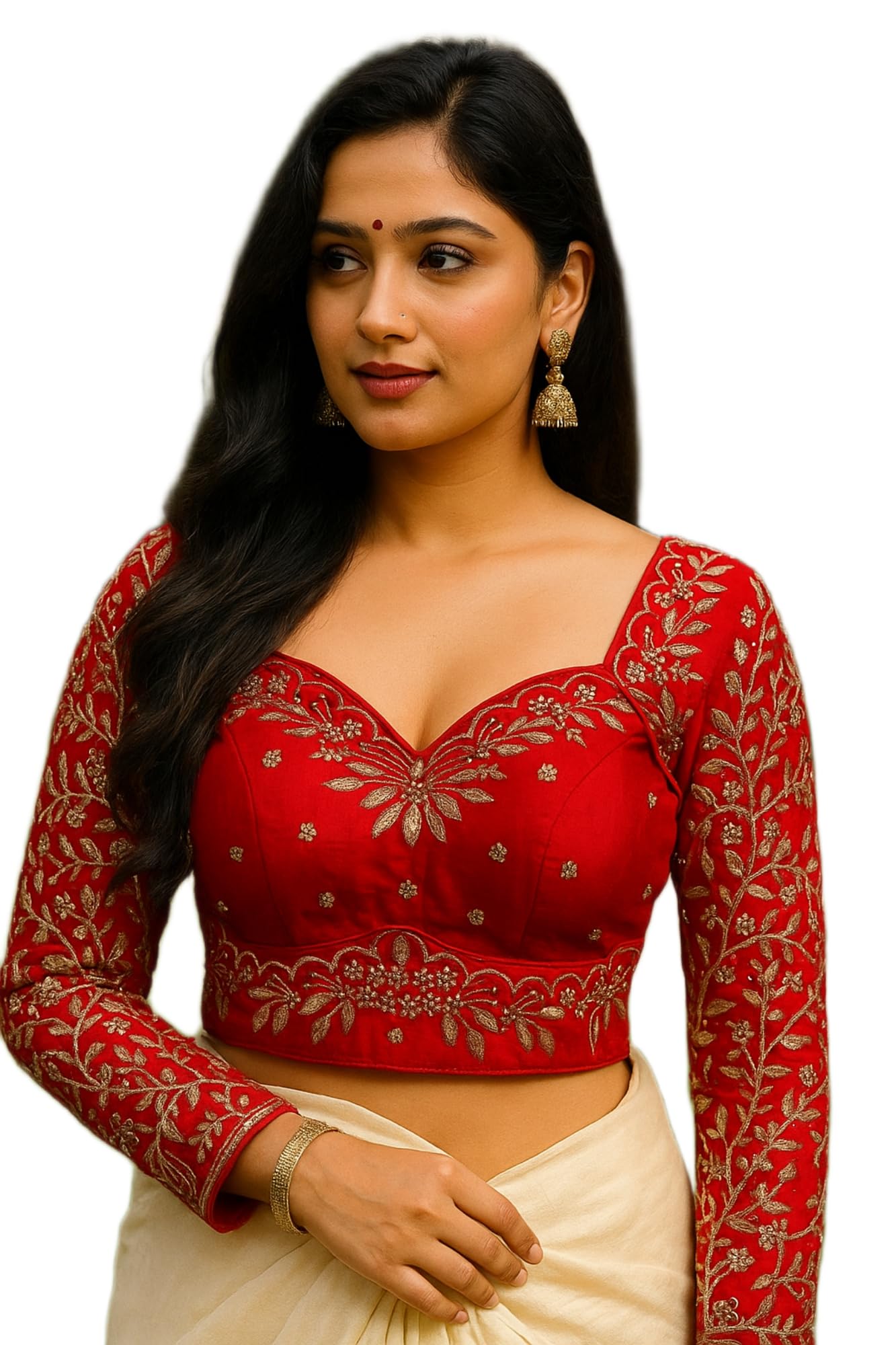 Women's Heavy Embroidery Vichitra Silk Blouse with Sequin Lotus Work | Padded V Neck Front Hook Open Saree Blouse | 9 Inch Sleeve Designer Blouse-PZ-4575-image-48