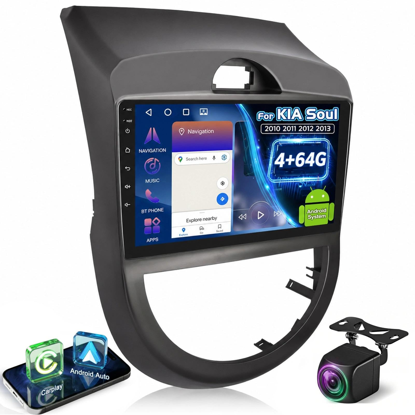 Photo 1 of [4+64G] Upgrade Radio for KIA Soul 2010 2011 2012 2013-9 inch IPS Touchscreen Android Soul Stereo - Wireless Carplay and Android Auto, AI DSP, WiFi, GPS, Custom Homepage + AHD Backup Camera