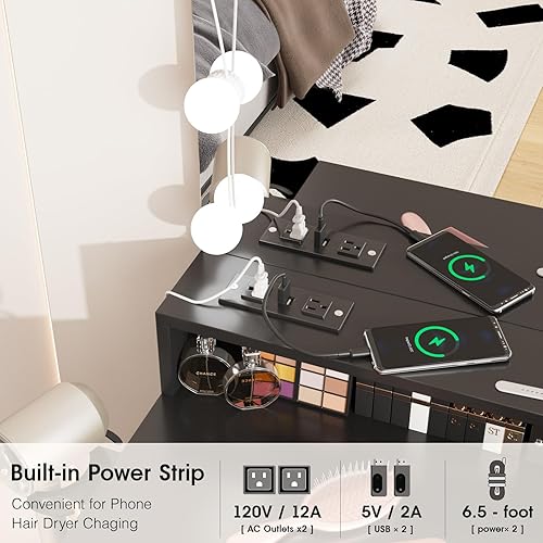 Miniatura 5 de Fameill Mesa de tocador de maquillaje con espejo iluminado y estación de carga, juego de tocador negro con 3 modos de iluminación, brillo ajustable,