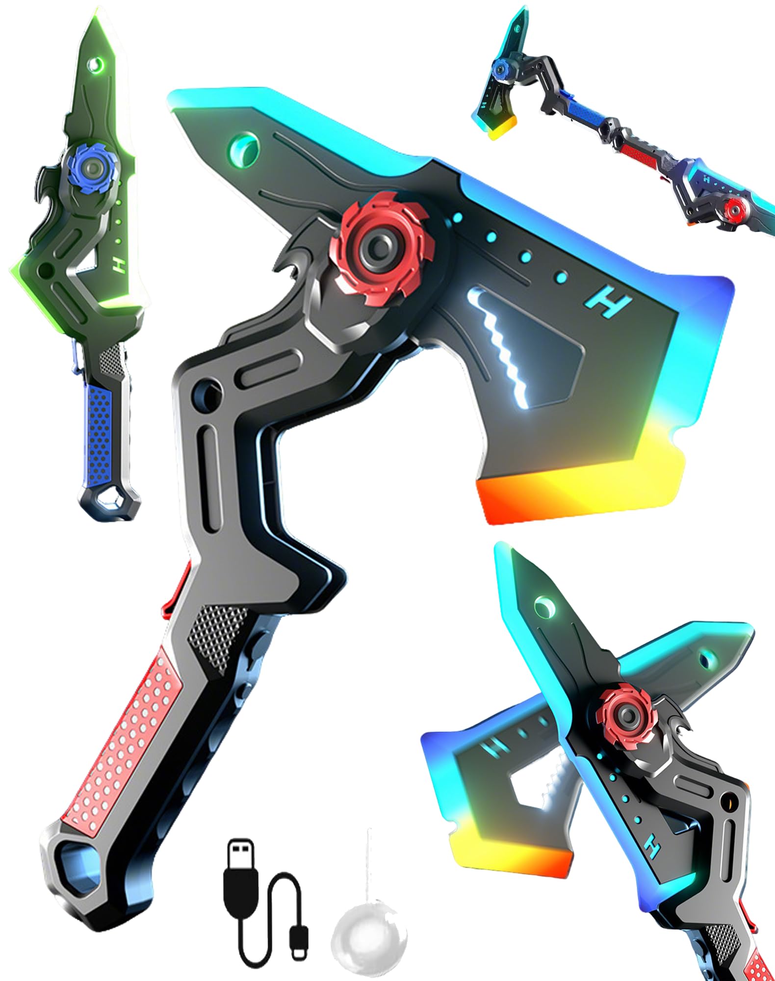 Dual Axe Blade, Interstellar Spark Battle Blade with Hit Sensor Sound, Cyberpunk LED Light Spark Sword Axe with Mist Effect, Dual-Mode Transforming Sci-Fi Toy for Rave, Cosplay & Display (Red)