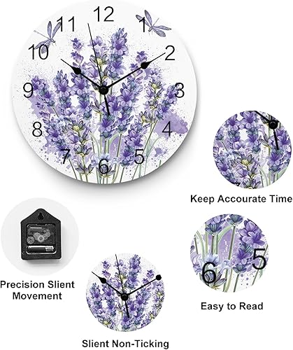Miniatura 6 de Reloj de pared de PVC con flores de lavanda, silencioso, sin tictac, funciona con pilas, reloj redondo para el hogar, sala de estar, oficina,
