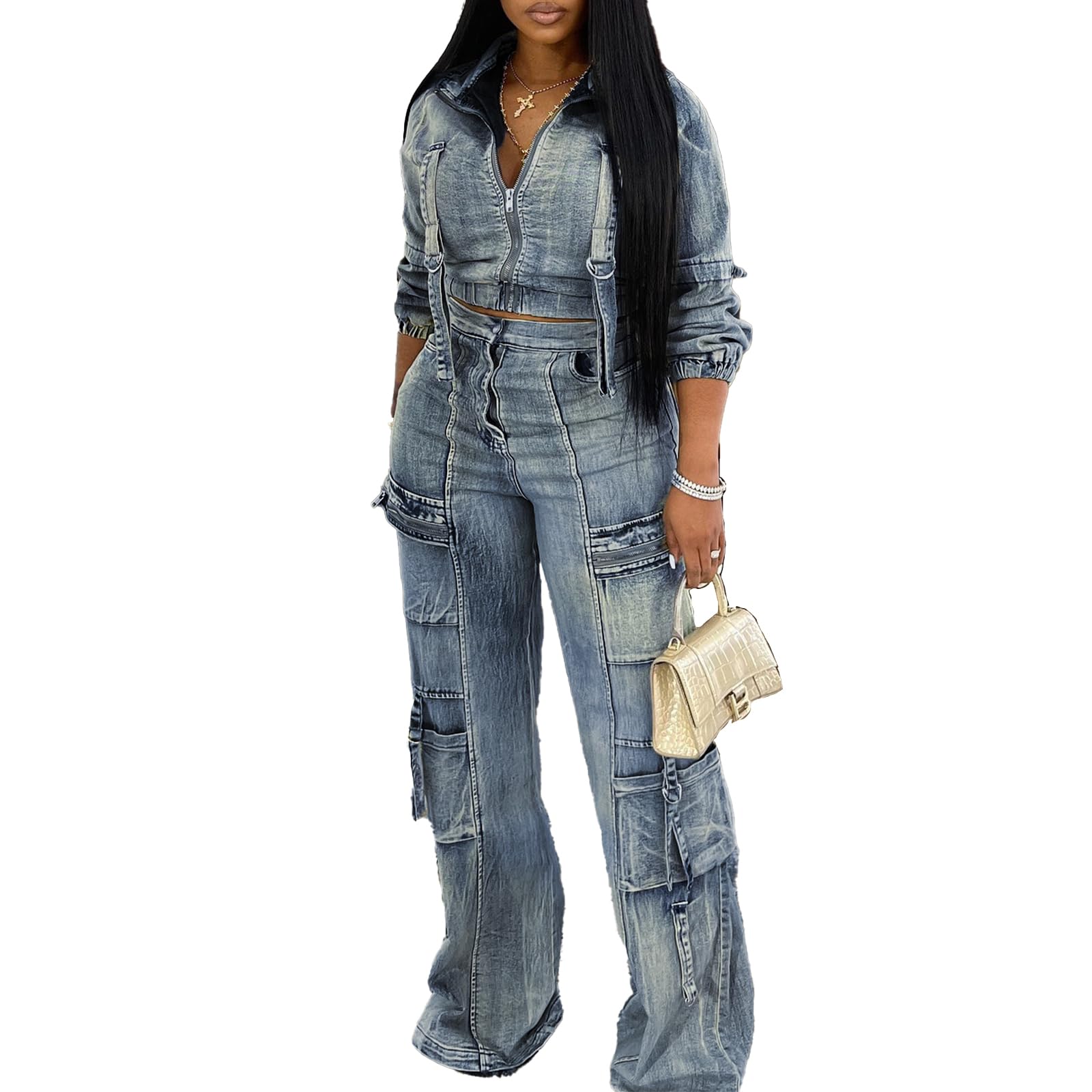 Molilove Conjunto de dos piezas de mezclilla para mujer, chaqueta de mezclilla recortada, pantalones cargo con bolsillos, conjunto de chándal Y2K