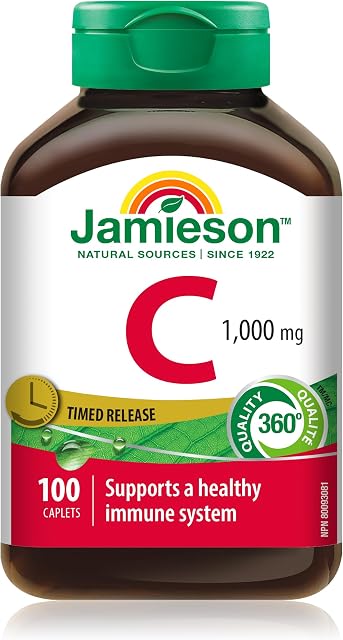 Jamieson Vitamine C 1 000 mg Comprimés À Libération Prolongée, Soutient La Santé Immunitaire, Des Dents Et Des Os Forts. Libération Graduelle De La Vitamine C Tout Au Long De La Journée, Végétarien, Sans Gluten, 100 Compte, Fièrement Canadien