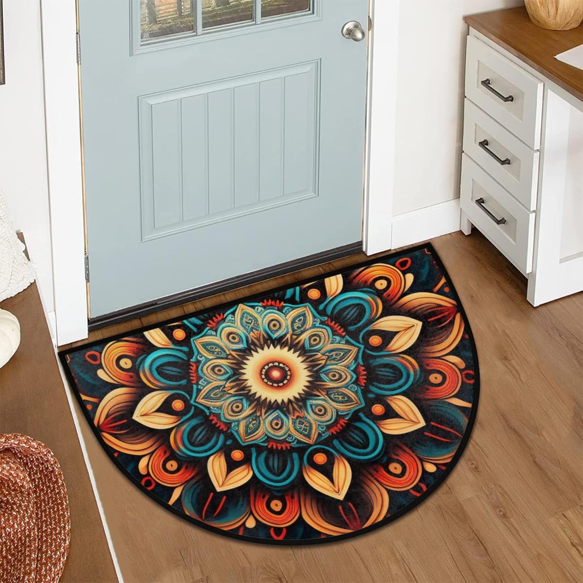 cfpolar Half Round Door Mat Flower Boho Floral Non-Slip Semi Circle Area Rug Washable Semi Circle Floor Rug for Indoor Outdoor Living Room Bathroom Kitchen Patio Hearth Rugs Home Decoration