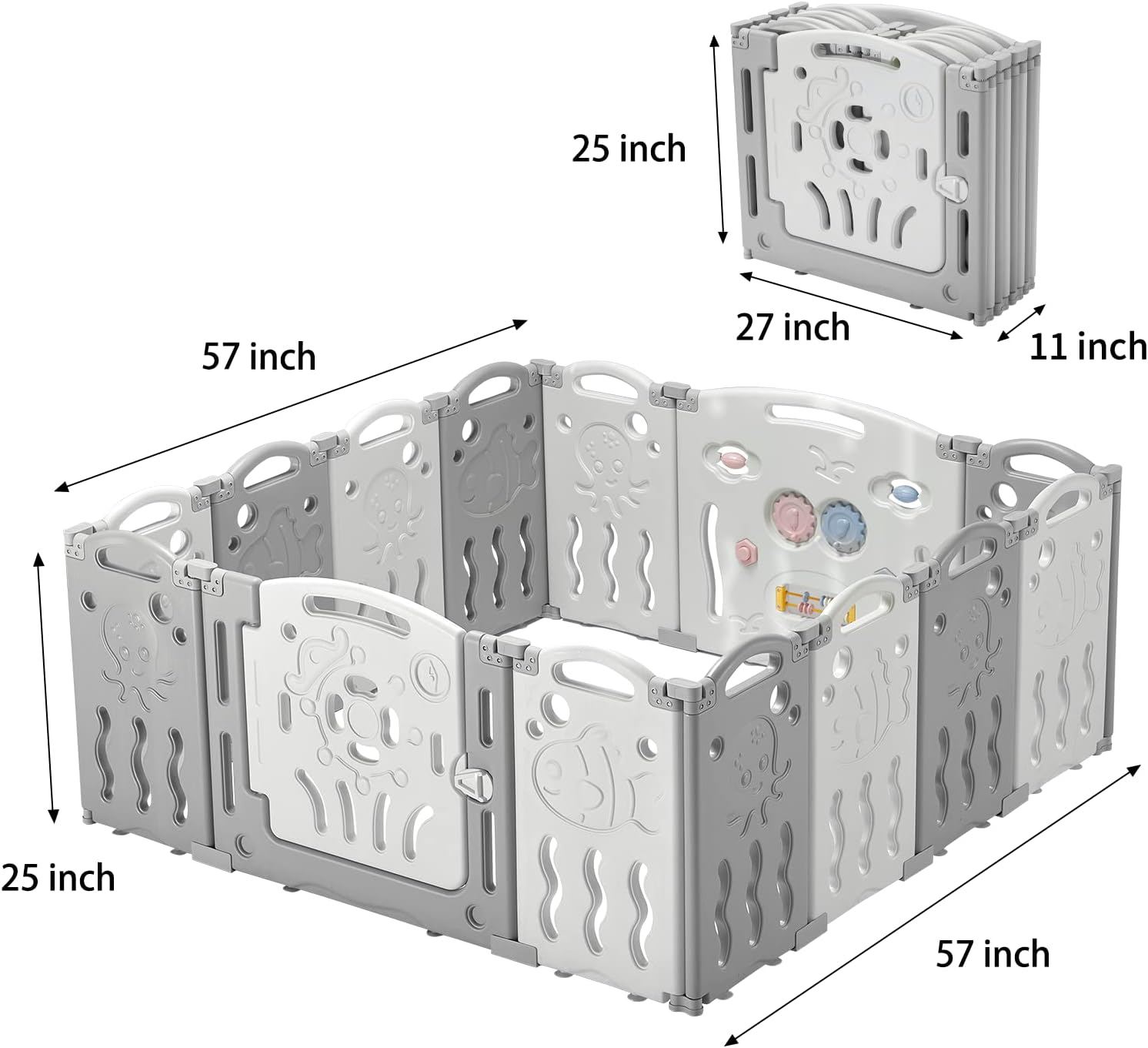Jocisland 14-Panel Baby Playpen, Foldable Play Yard with Lockable Gate, Adjustable Shape & Portable Design, Safety Activity Center for Indoor & Outdoor Use (Grey and White) - Image 8