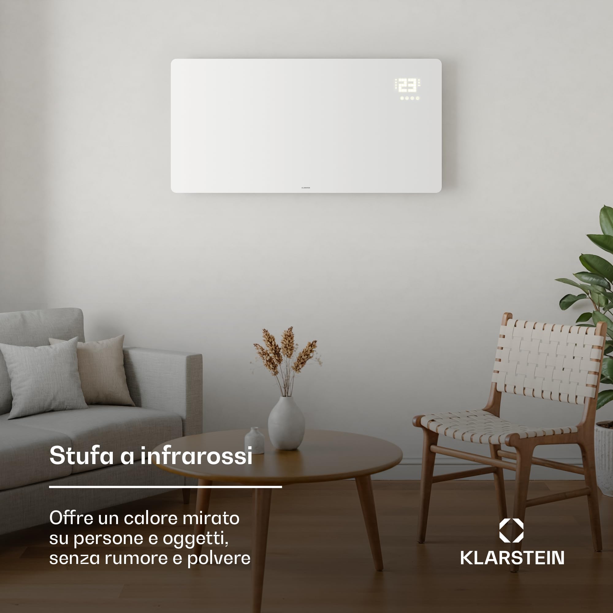 Klarstein Pannelli Radianti Infrarossi 720W – Parete o Indipendente, WiFi, Touch & App, Termostato, Timer, Sicurezza Bambini, IP43, Vetro, Riscaldamento a Infrarossi 14m², Bianco