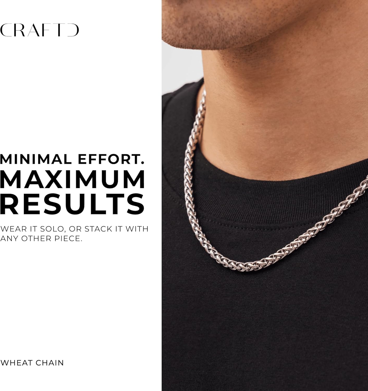 CRAFTD - Silver Wheat Link Chain - Durable Rhodium & 316L Stainless Steel - Waterproof, Heat & Sweat Resistant - Gifts for Men - Men's Jewelry