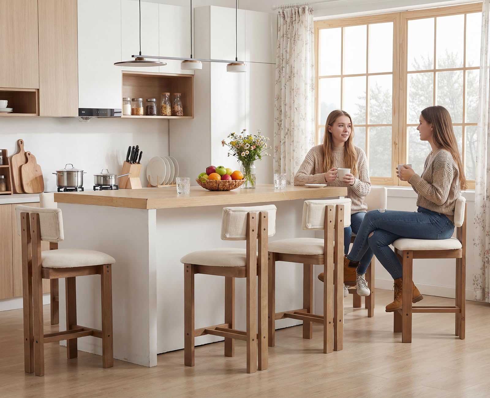 chairus Juego de 2 Taburetes de Bar de Madera con Asiento de Lino, Beige | Patas de Madera, Respaldo Curvo, Cojín Grueso, Sin Brazos Para Isla de Cocina