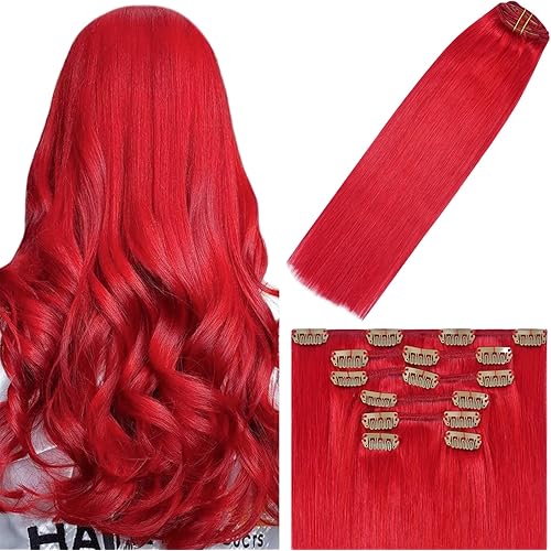 WindTouch Clip in Hair Extensions Real Human Hair Bright Red Hair Extensions 75g 12Inch Clip Ins 7PCS Soft Clip in Extensions Human Hair