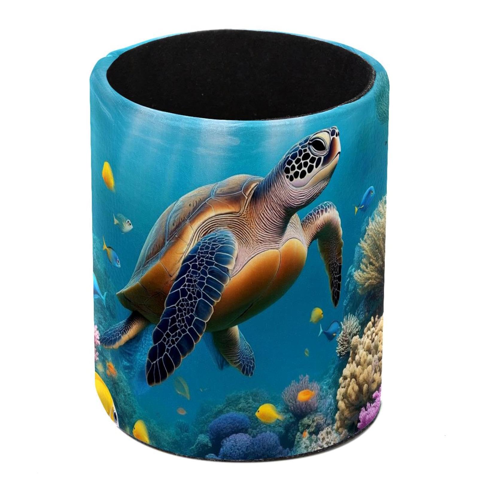 HEOEH Sea Turtle Fish Corals Pen Holder for Desk, PU Leather Pencil Holder Pen Cup Marker Holder Makeup Brush Holders, Desk Accessories & Workspace Organizers for Home, Office