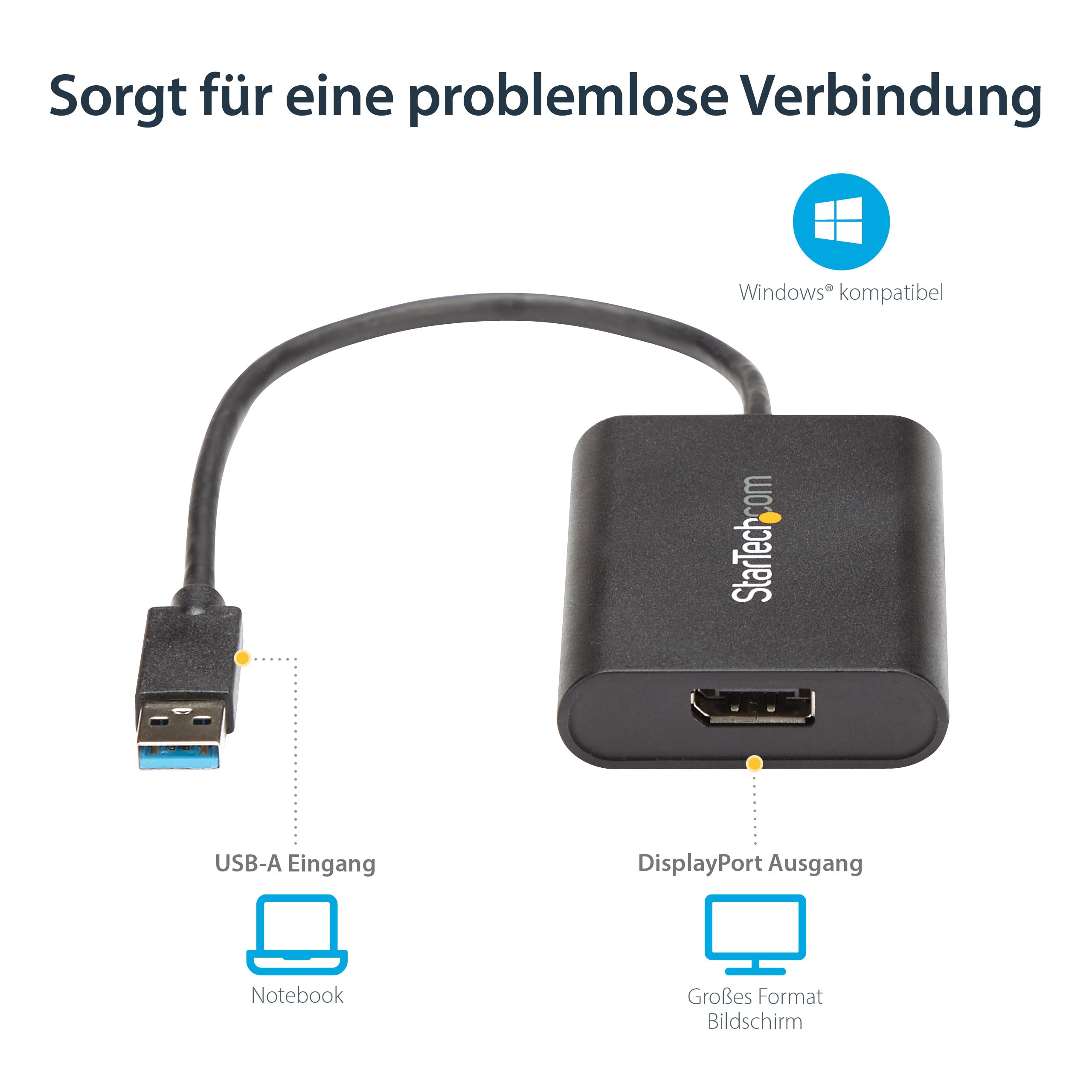 StarTech USB 3.0 auf DisplayPort Adapter, 4K, Windows (USB32DPES2) | USB DP Monitor Konverter, Nur Windows, 3840x2160 30Hz, 20cm Kabel, Zusatzbildschirm