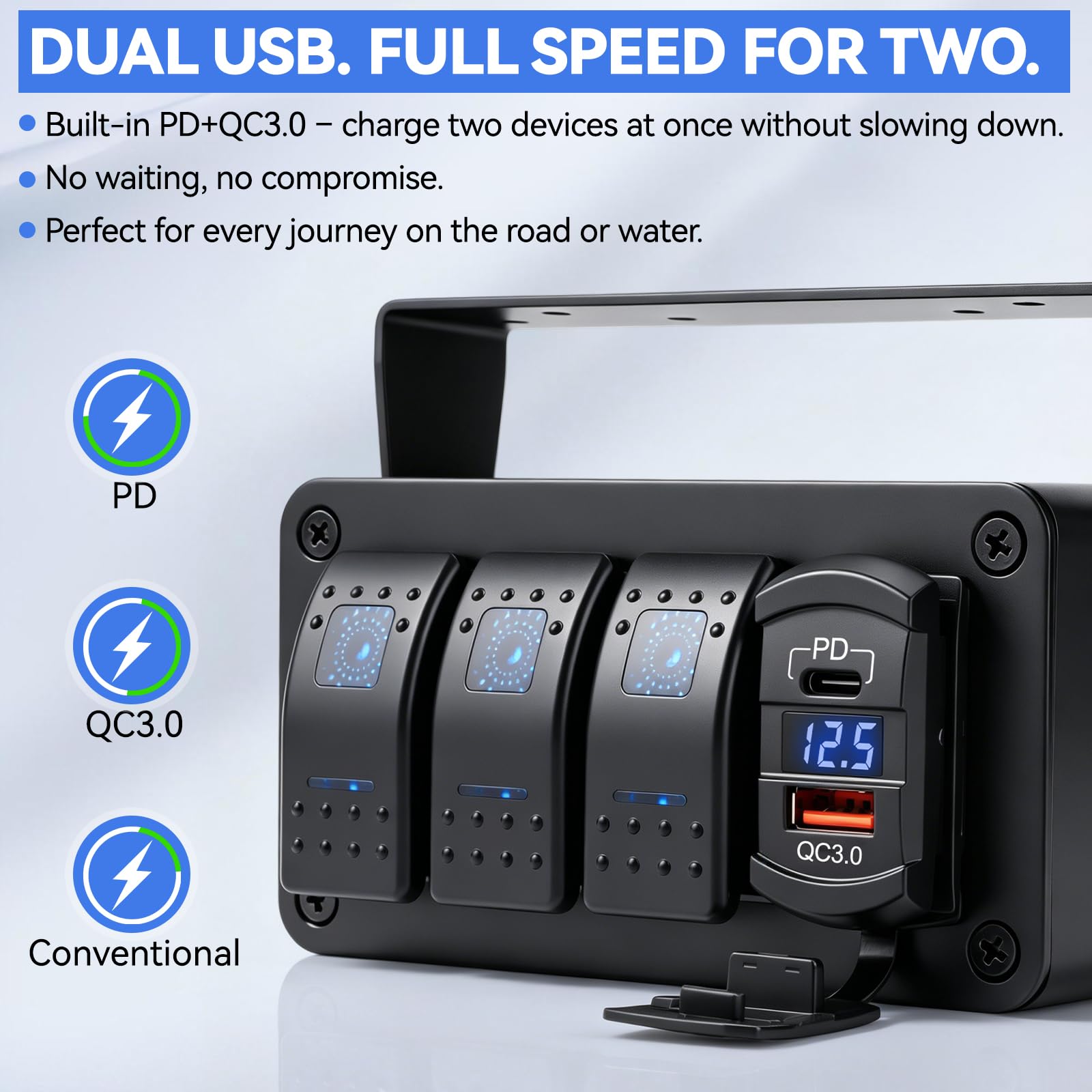 Panel de interruptor basculante de 3 marchas, 12 V/24 V, resistente al agua, con voltímetro digital PD tipo C y QC3.0, puerto de carga, para RV, marino, barco, coche, camión