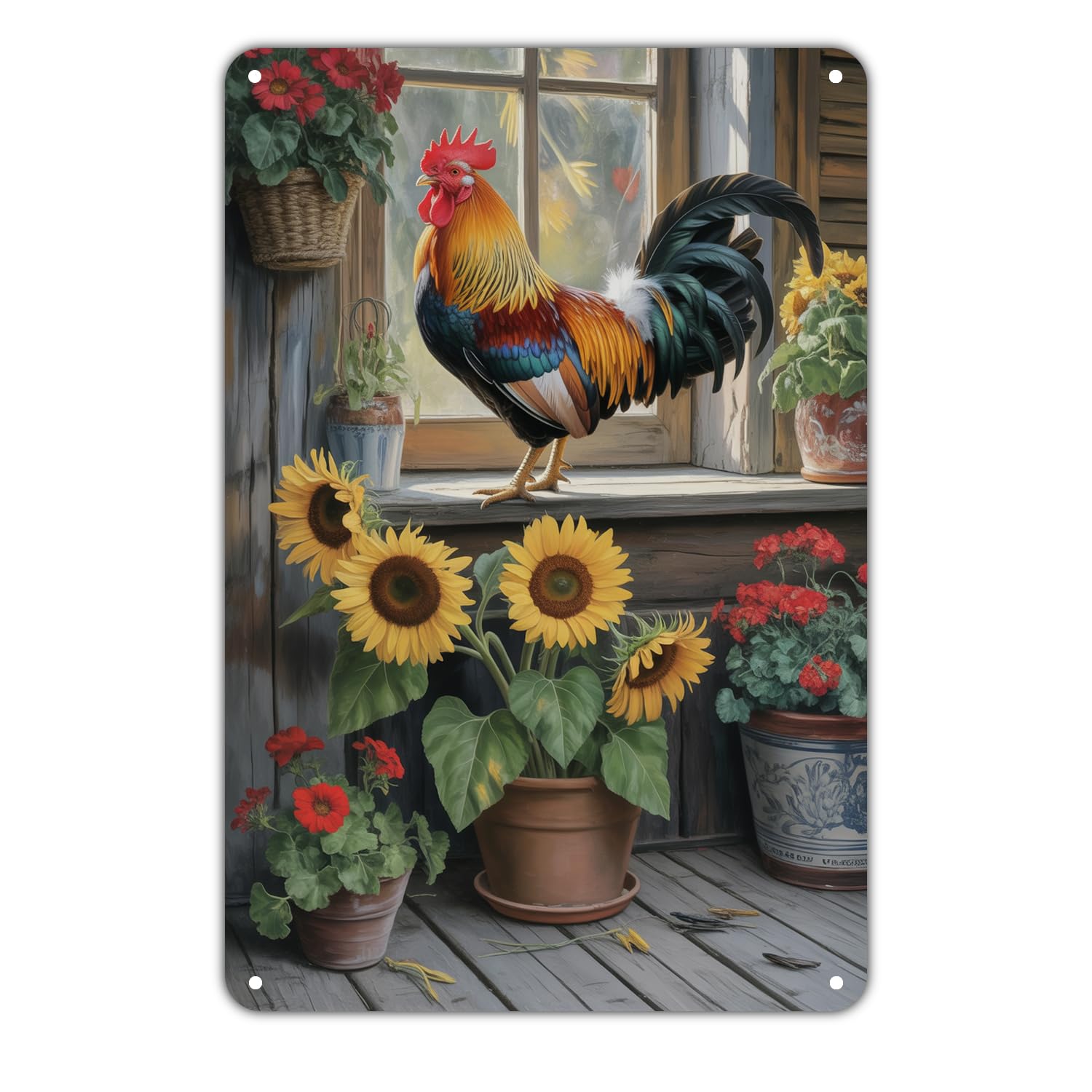 Rooster And Sunflower Tin Sign Vintage Farmhouse Rooster Metal Sign Print Aesthetic Metal Tin Sign 8X12 Inch