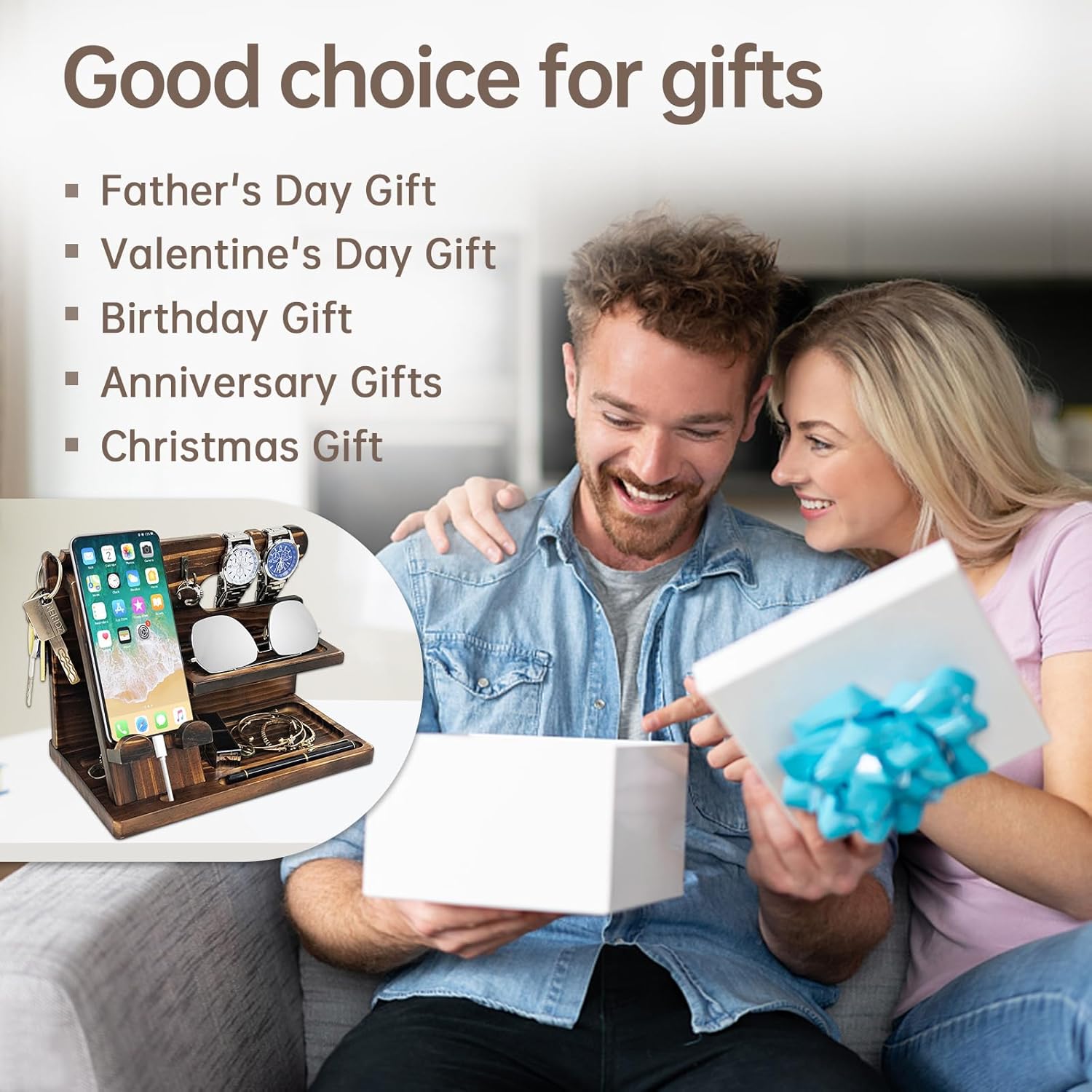 Gifts for Men Wood Phone Docking Station Birthday Gift for Men Valentines Day Gifts Father Gift for Him Boyfriend Nightstand Organizer Desktop Phone Stand Brown