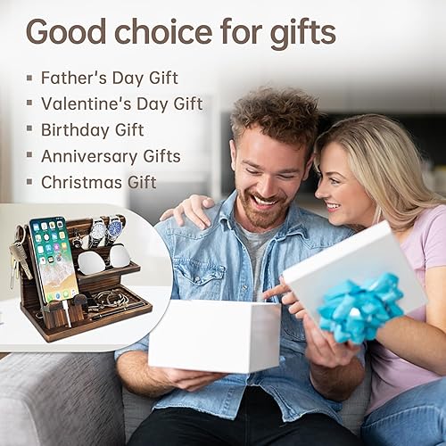 Miniatura 2 de Estación de acoplamiento de madera para hombre, mesita de noche, organizador, regalos para él, regalos de cumpleaños para hombrespapáesposoélpadre,