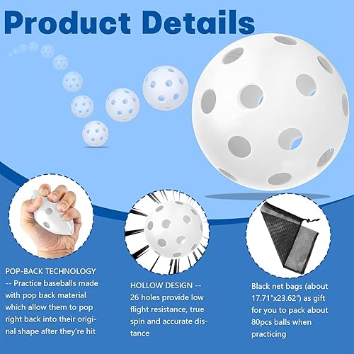 Miniatura 10 de Coopay Paquete de 2480 pelotas de práctica de béisbol, bolas de entrenamiento de plástico, bolas de softball huecas ligeras para golpe,