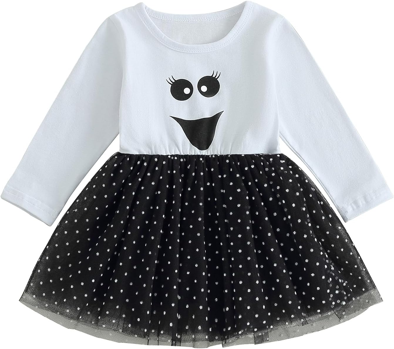Toddler Girls Dress Infant Halloween Baby Clothes Long Sleeve Smile Face Print T-Shirt Tulle Patchwork Fall Dress (White, 18-24 Months)