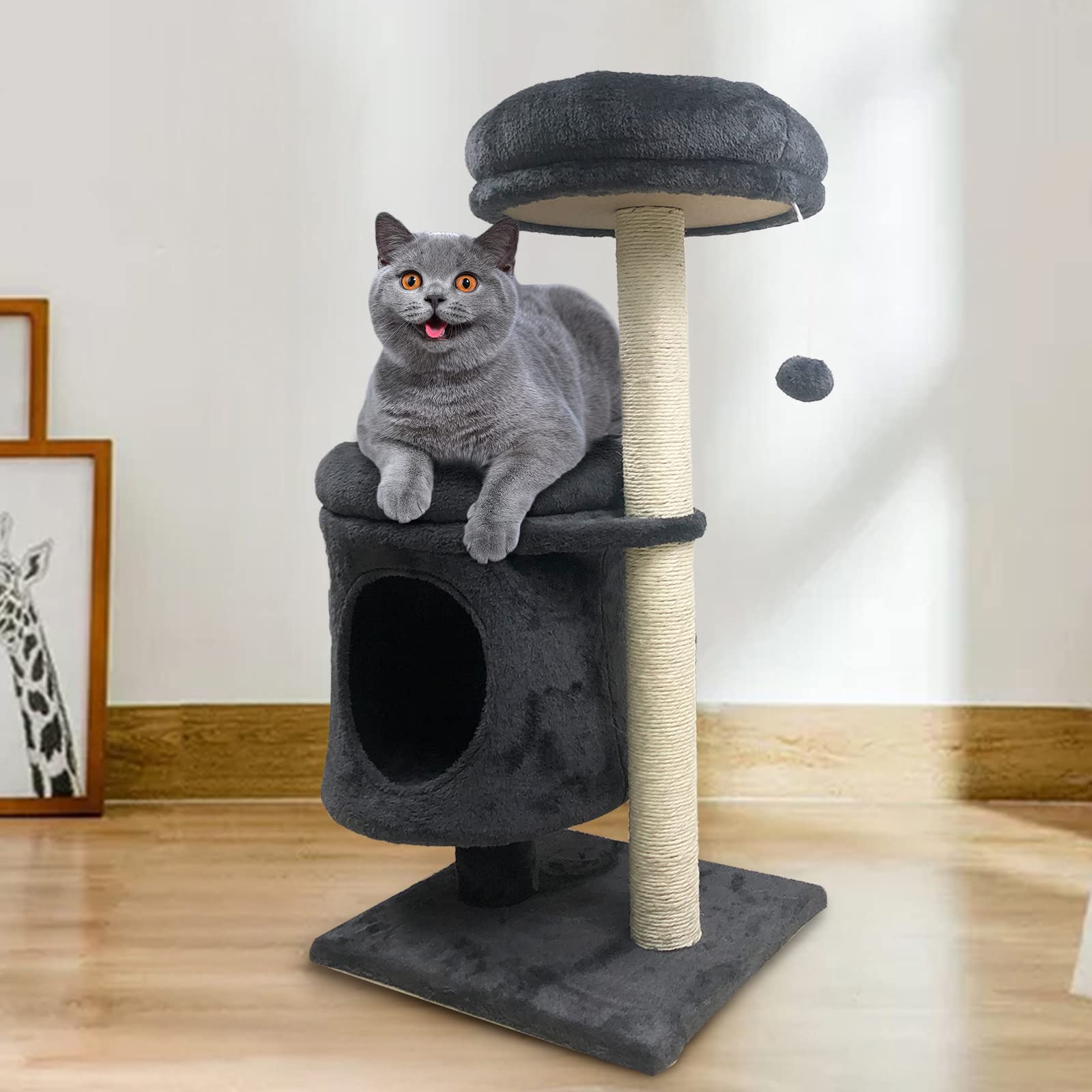 JIFULI 32in Cat Tree, Cat Tower for Indoor Cats, 3-Level Cat Furniture Activity Center with Cat Scratching Posts Stand House Cat Condo with Funny Toys for Kittens Pet Play House,Gray