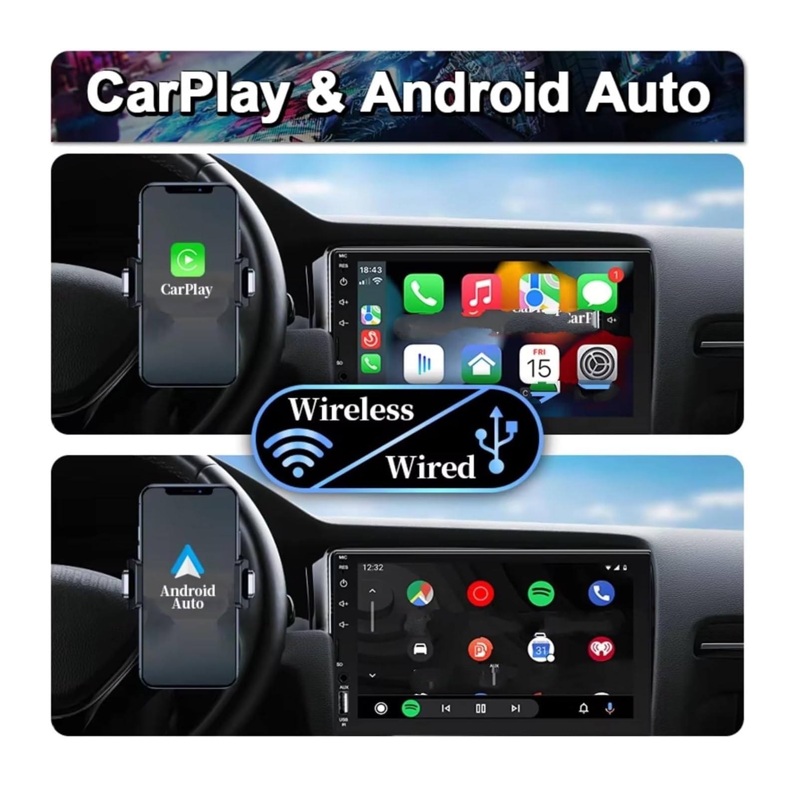 Estéreo Multimedia 1 DIN CarPlay Android Auto 7 Pulgadas WIFI6 Pantalla Táctil IPS 5 GHz Bluetooth FM AUX Enlace Espejo Universal Cámara de Respaldo(with 8 LED Camera)