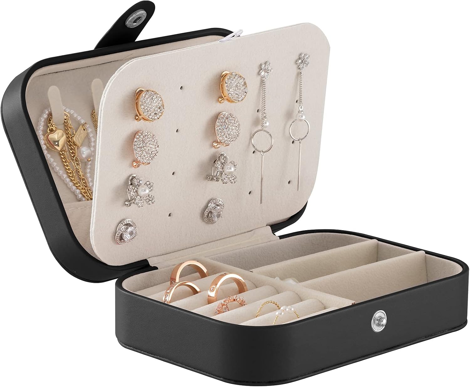 Oyydecor Portable Jewelry Box Small 2-Layer Travel Jewelry Organizer PU Leather Display Storage Case for Rings Necklace Earrings Bracelets Valentine Gift for Girls Women (Black)