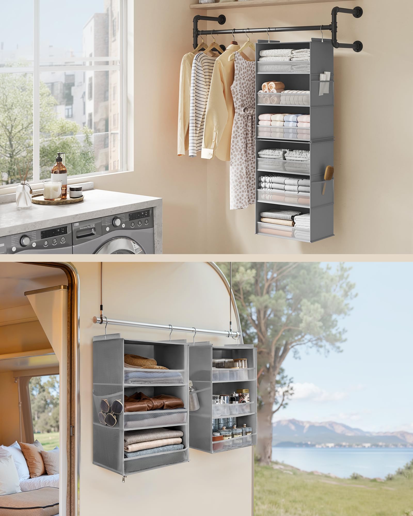 SONGMICS Tina RCH008G01 Organiseur d'armoire, rangement à suspendre à 6 compartiments séparables, 40 x 30 x 133 cm, étagère peu encombrante intérieure pour vêtements, gris taupe, collection Tina