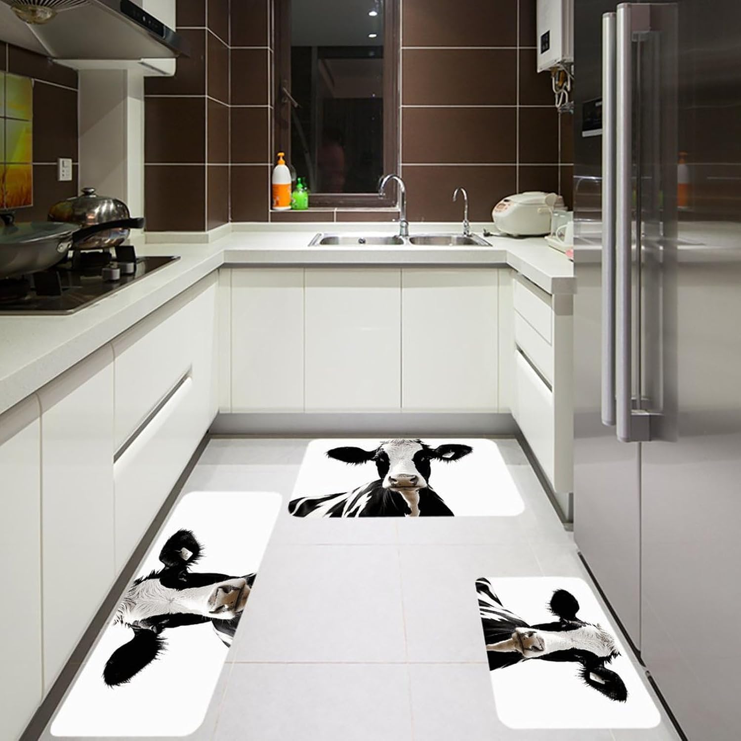 Cow in Black and White Kitchen Mats for Floor 3 Pcs Kitchen Rugs