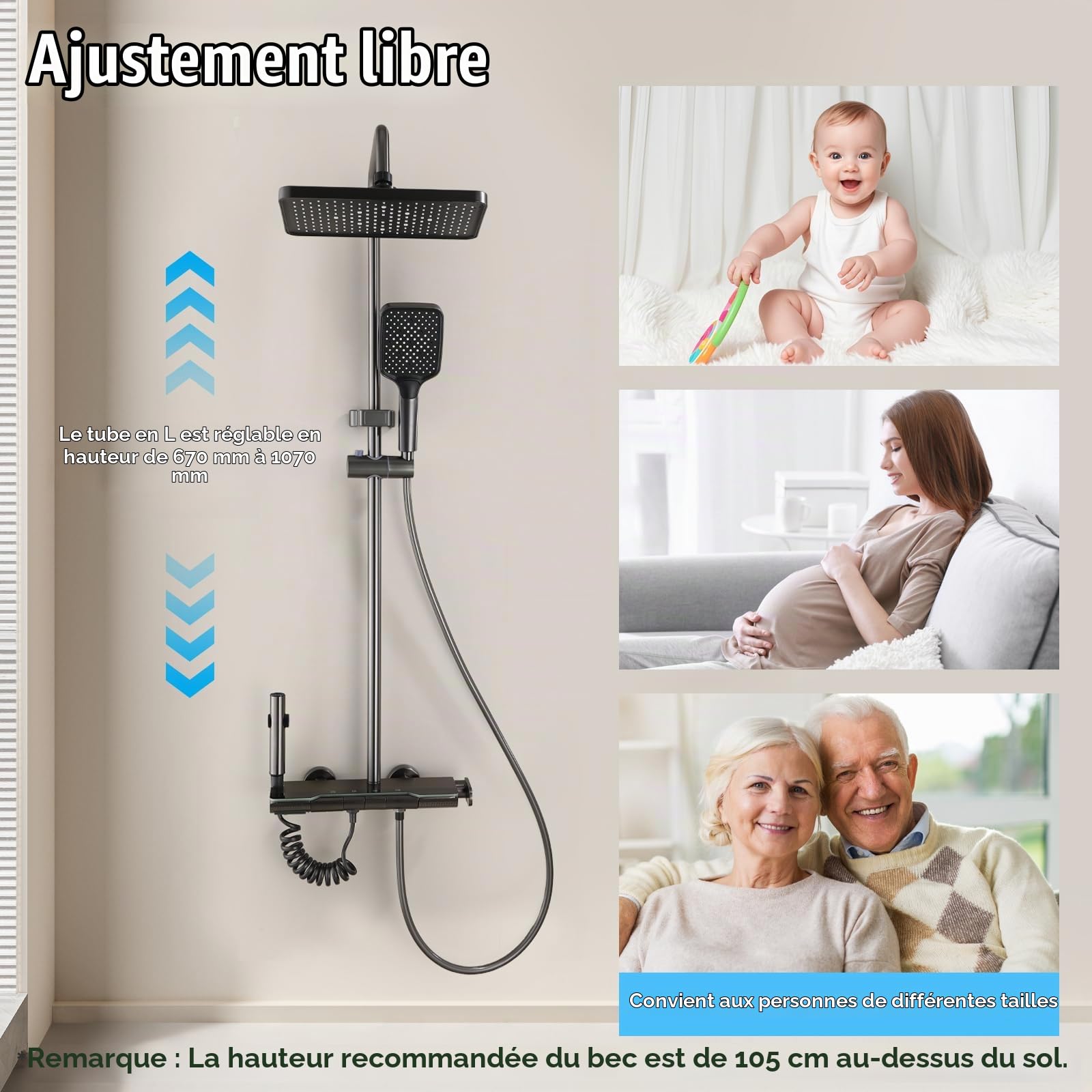 Colonne de Douche avec Affichage Numérique LED, Système de Douche 4 en 1, Réglable en Hauteur Intégrant une Douchette Hygiénique, Lumière d'ambiance Bleue